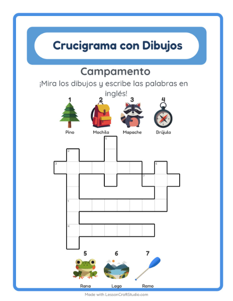 Crucigrama ilustrado en inglés – Acampada