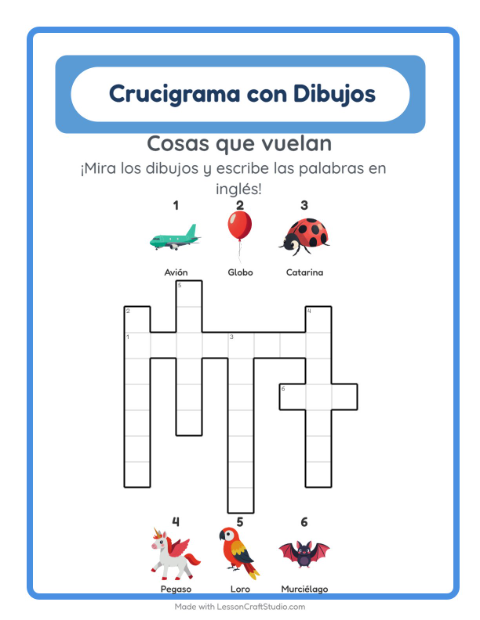 Crucigrama ilustrado en inglés – Cosas Que Vuelan