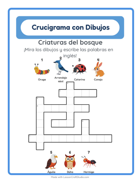 Crucigrama ilustrado en inglés – Animales Del Bosque