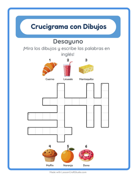 Crucigrama ilustrado en inglés – Desayuno