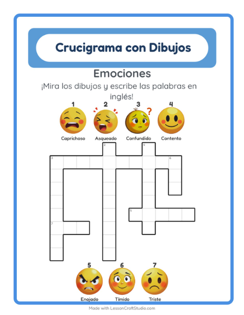 Vista previa de Aprender inglés: Emociones – crucigrama para niños