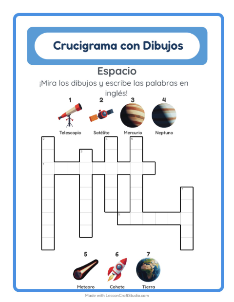 Vista previa de Aprender inglés: Espacio – crucigrama para niños