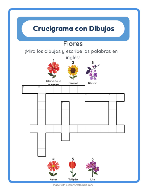 Crucigrama ilustrado en inglés – Flores