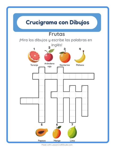 Crucigrama ilustrado en inglés – Frutas