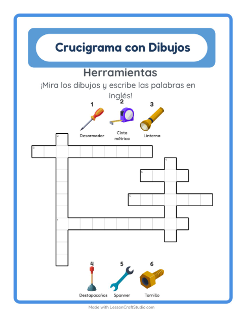 Crucigrama ilustrado en inglés – Herramientas