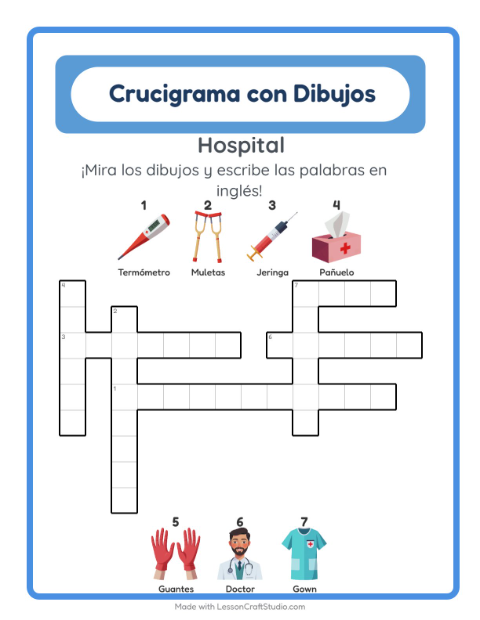 Crucigrama ilustrado en inglés – Hospital