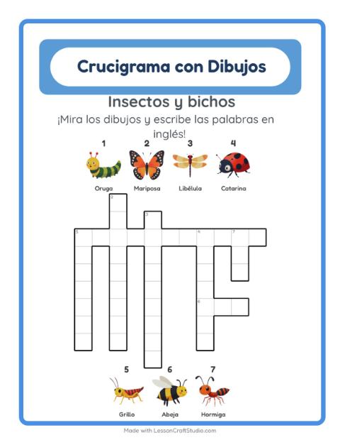 Vista previa de Aprender inglés: Insectos Y Bichos – crucigrama para niños