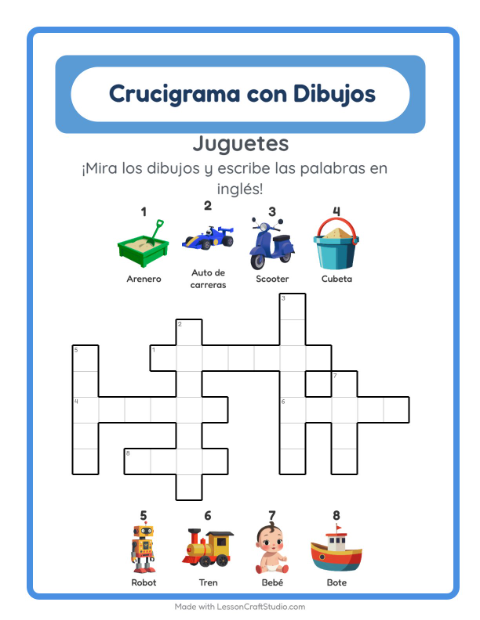 Crucigrama ilustrado en inglés – Juguetes