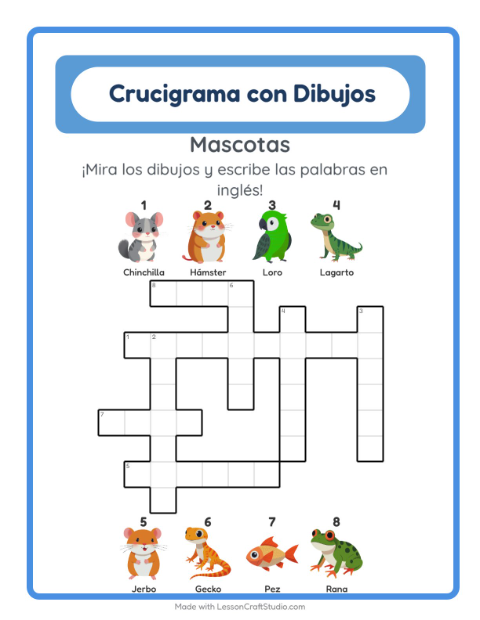 Crucigrama ilustrado en inglés – Mascotas