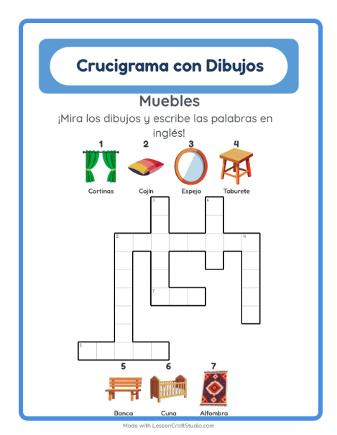 Crucigrama ilustrado en inglés – Muebles