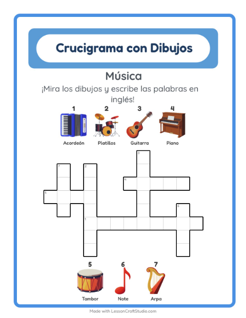 Crucigrama ilustrado en inglés – Música