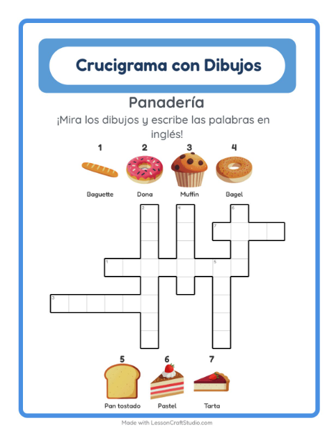 Crucigrama ilustrado en inglés – Panadería