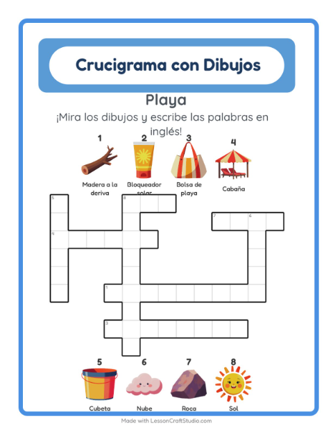 Crucigrama ilustrado en inglés – Playa