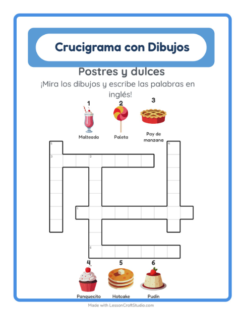Crucigrama ilustrado en inglés – Postres Y Dulces