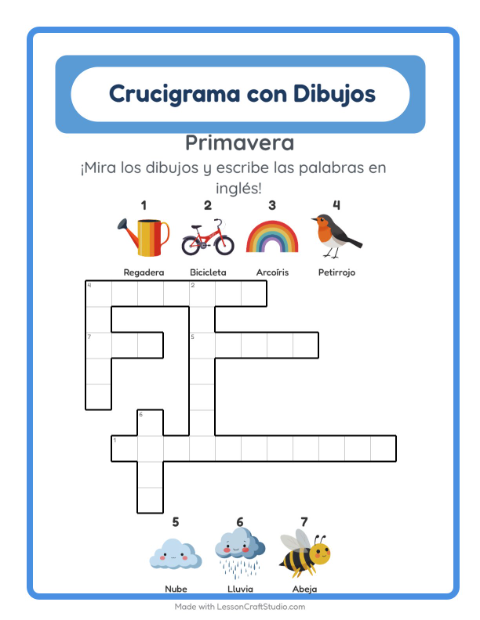 Crucigrama ilustrado en inglés – Primavera