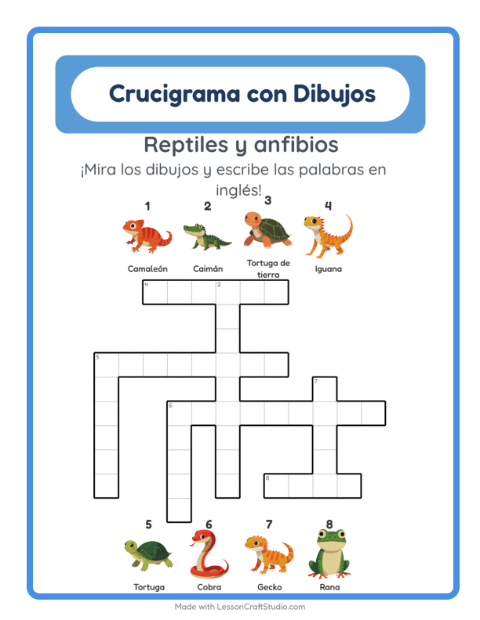 Crucigrama ilustrado en inglés – Reptiles Y Anfibios