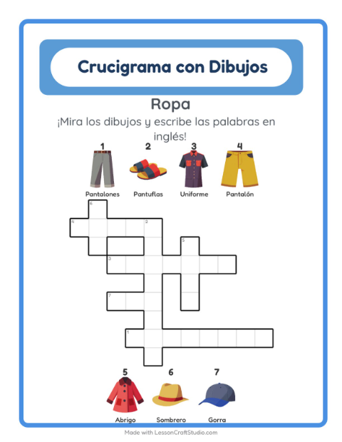 Crucigrama ilustrado en inglés – Ropa