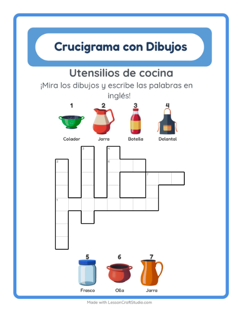 Crucigrama ilustrado en inglés – Utensilios De Cocina