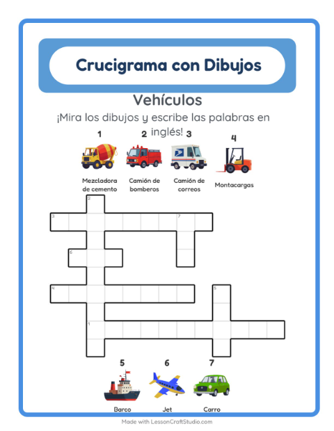 Crucigrama ilustrado en inglés – Vehículos