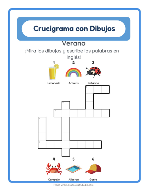 Crucigrama ilustrado en inglés – Verano