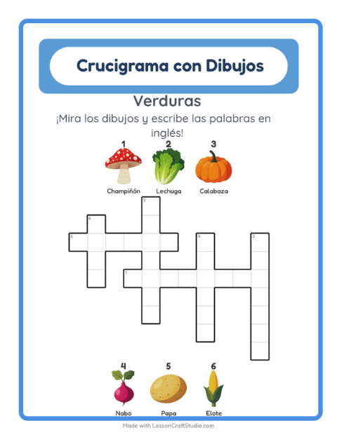 Crucigrama ilustrado en inglés – Verduras