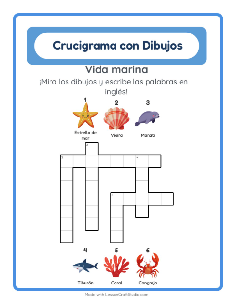Crucigrama ilustrado en inglés – Vida Marina