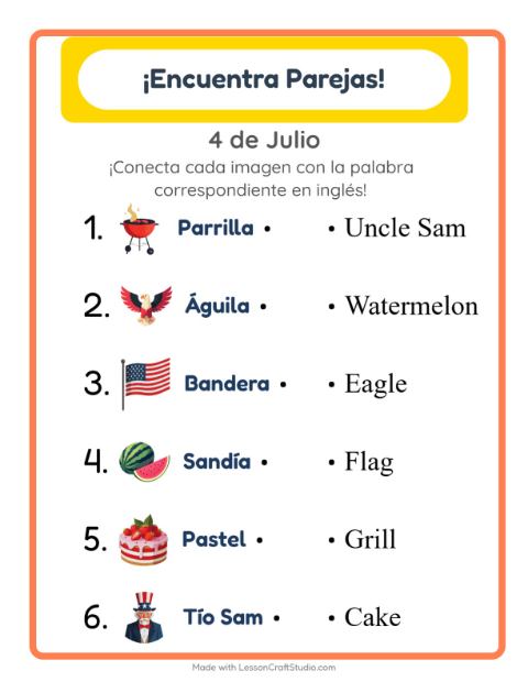 Une imágenes y palabras en inglés – Cuatro De Julio