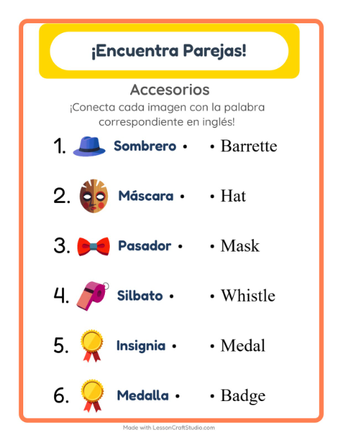 Vista previa de Aprender inglés: Accesorios – une imágenes y palabras para niños