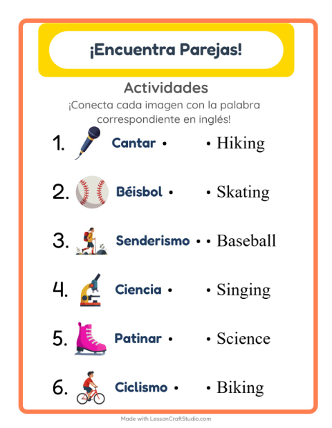 Une imágenes y palabras en inglés – Acciones