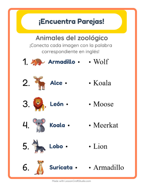 Une imágenes y palabras en inglés – Animales Del Zoológico