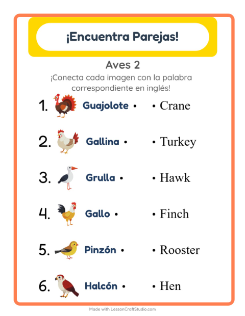Vista previa de Aprender inglés: Aves 2 – une imágenes y palabras para niños