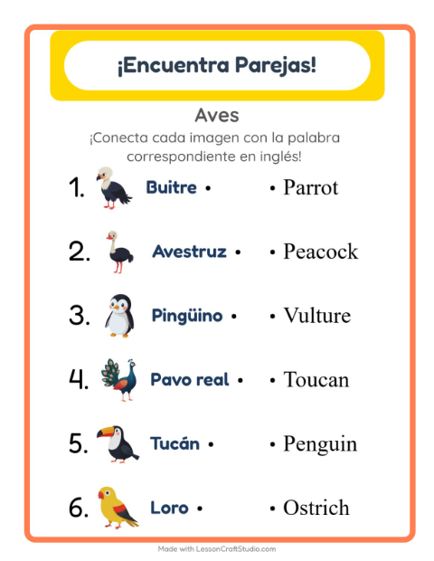 Une imágenes y palabras en inglés – Aves