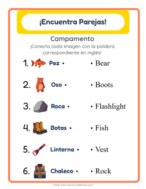 Une imágenes y palabras en inglés – Acampada