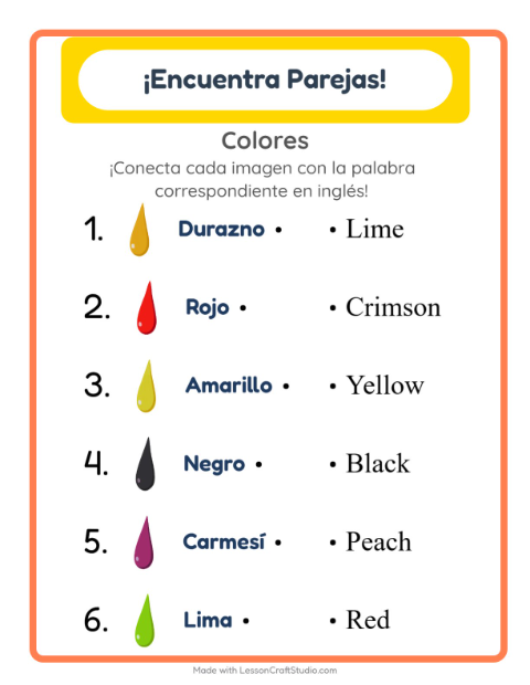 Une imágenes y palabras en inglés – Colores