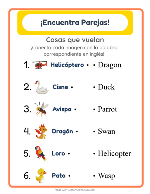 Une imágenes y palabras en inglés – Cosas Que Vuelan