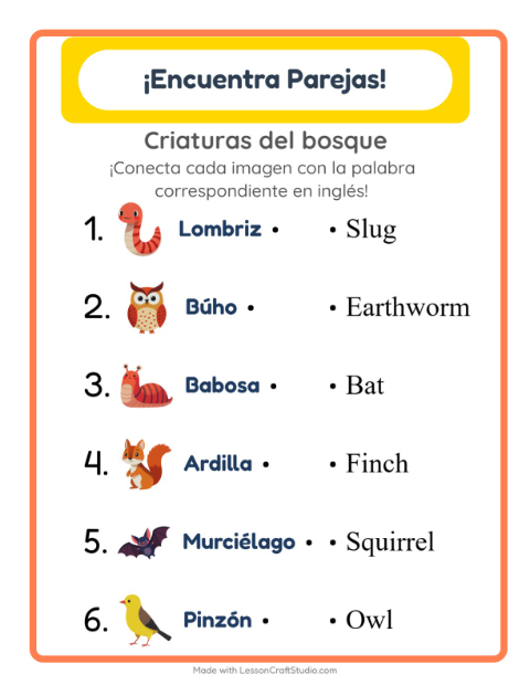 Une imágenes y palabras en inglés – Animales Del Bosque