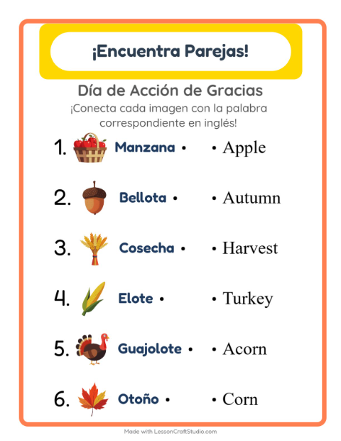 Une imágenes y palabras en inglés – Acción De Gracias