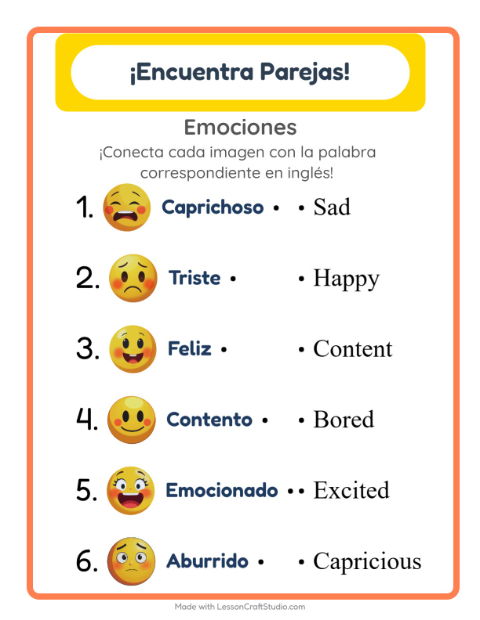 Vista previa de Aprender inglés: Emociones – une imágenes y palabras para niños