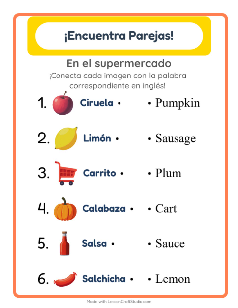 Une imágenes y palabras en inglés – En El Supermercado