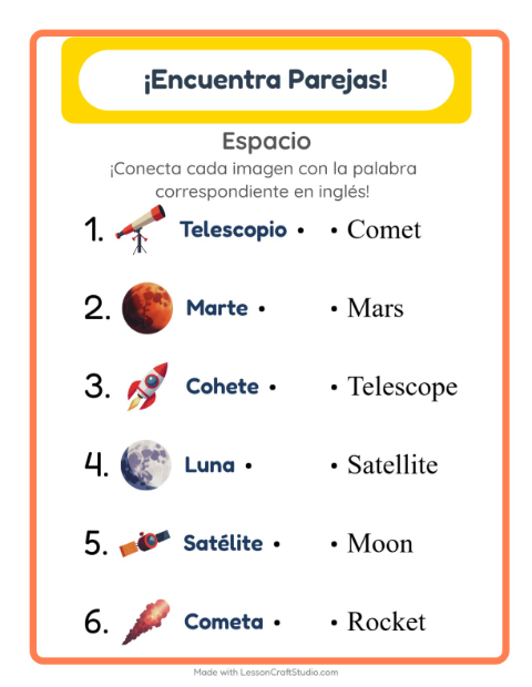 Une imágenes y palabras en inglés – Espacio