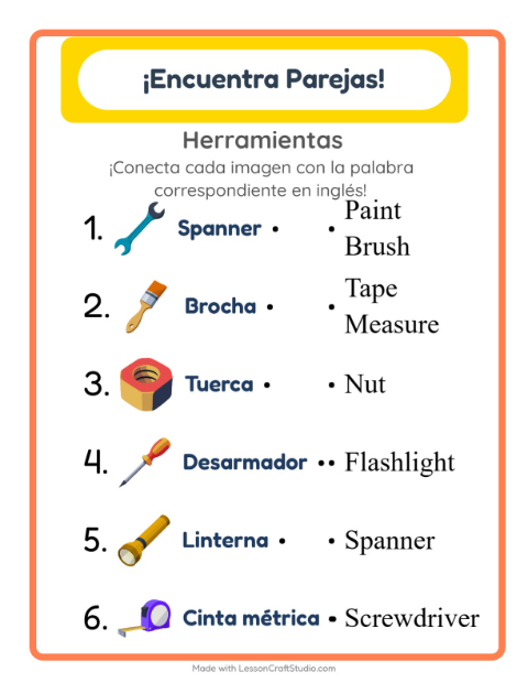 Une imágenes y palabras en inglés – Herramientas