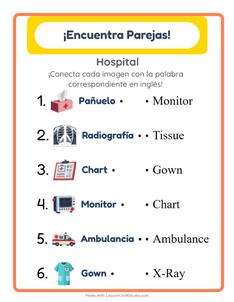 Une imágenes y palabras en inglés – Hospital