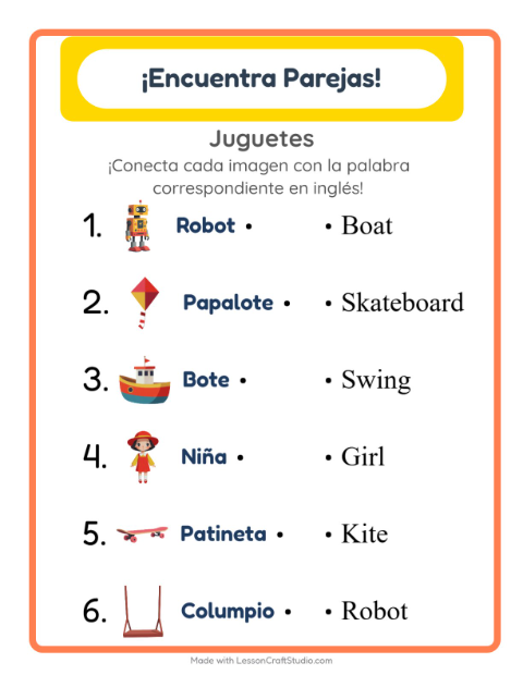 Une imágenes y palabras en inglés – Juguetes