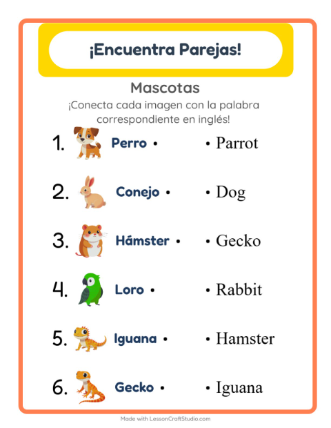 Une imágenes y palabras en inglés – Mascotas