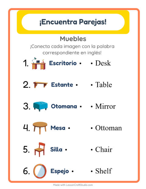 Une imágenes y palabras en inglés – Muebles