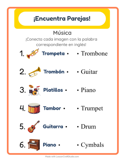 Vista previa de Aprender inglés: Música – une imágenes y palabras para niños