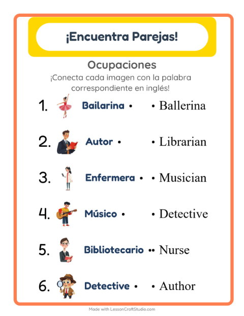 Une imágenes y palabras en inglés – Oficios