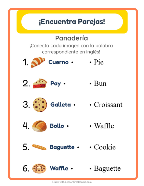 Une imágenes y palabras en inglés – Panadería