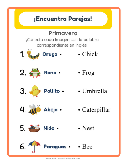 Une imágenes y palabras en inglés – Primavera