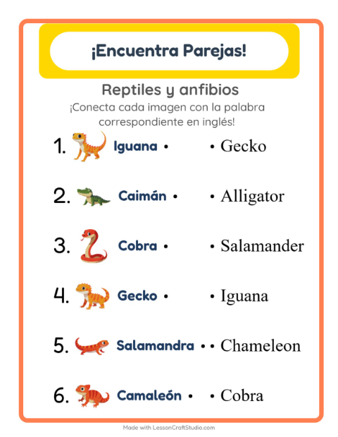 Une imágenes y palabras en inglés – Reptiles Y Anfibios